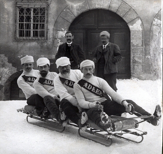 A bobsleigh team in Davos, 1910