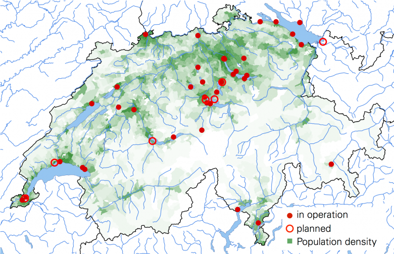 Lake-water heating or cooling systems already in operation or planned in Switzerland