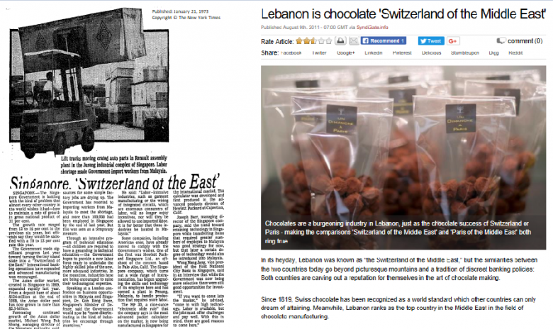 Articles: Singapour, la Suisse de l'Orient (publié le 21 janvier 1973 © The New York Times) et le Liban, la Suisse du Moyen-Orient (publié le 9 août 2011 par albawaba, © Syndigate)
