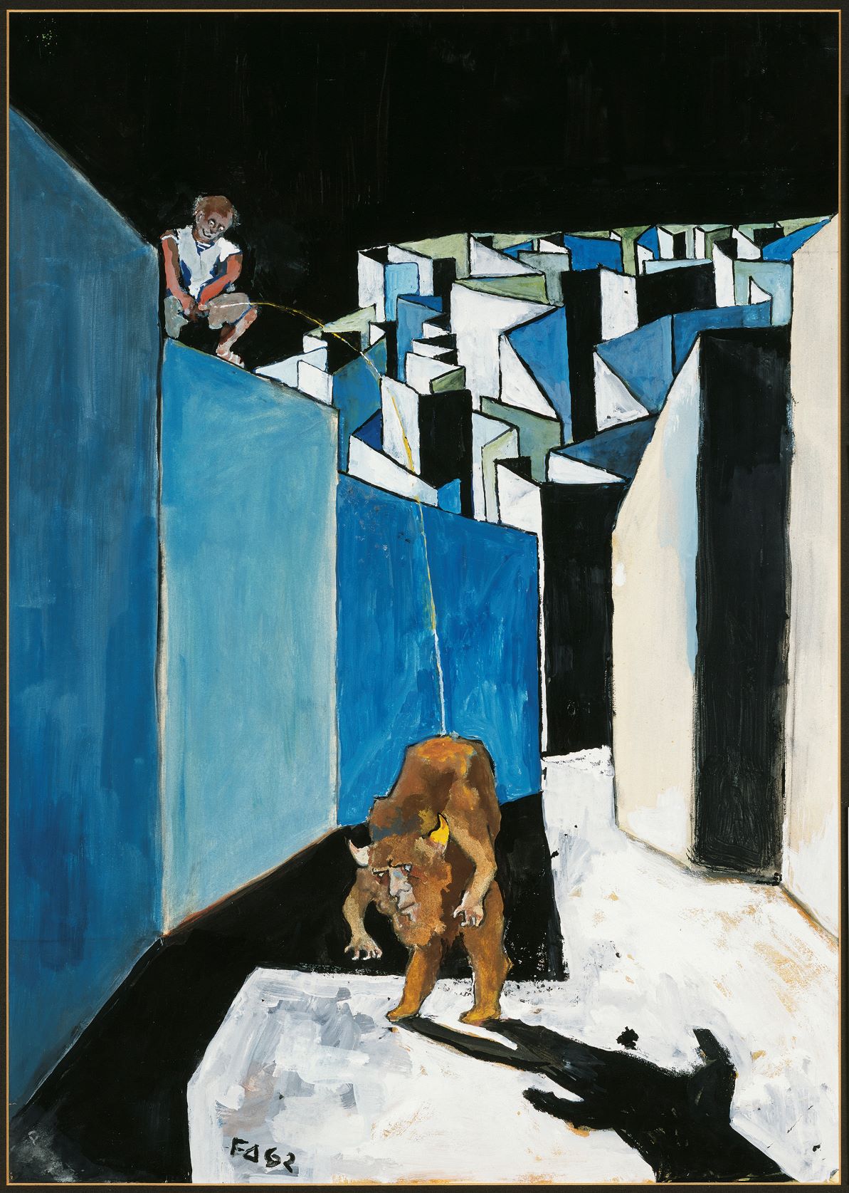 Friedrich Dürrenmatt, Labyrinth I: Der entwürdigte Minotaurus, 1962, Gouache auf Karton, 72 x 51 cm, Sammlung Centre Dürrenmatt Neuchâtel, © CDN / Schweizerische Eidgenossenschaft