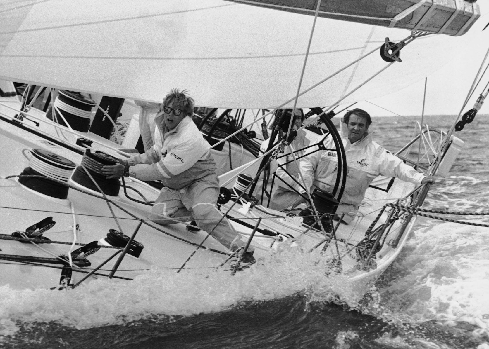 Pierre Fehlmann at the helm on Merit during the Fastnet race in 1983