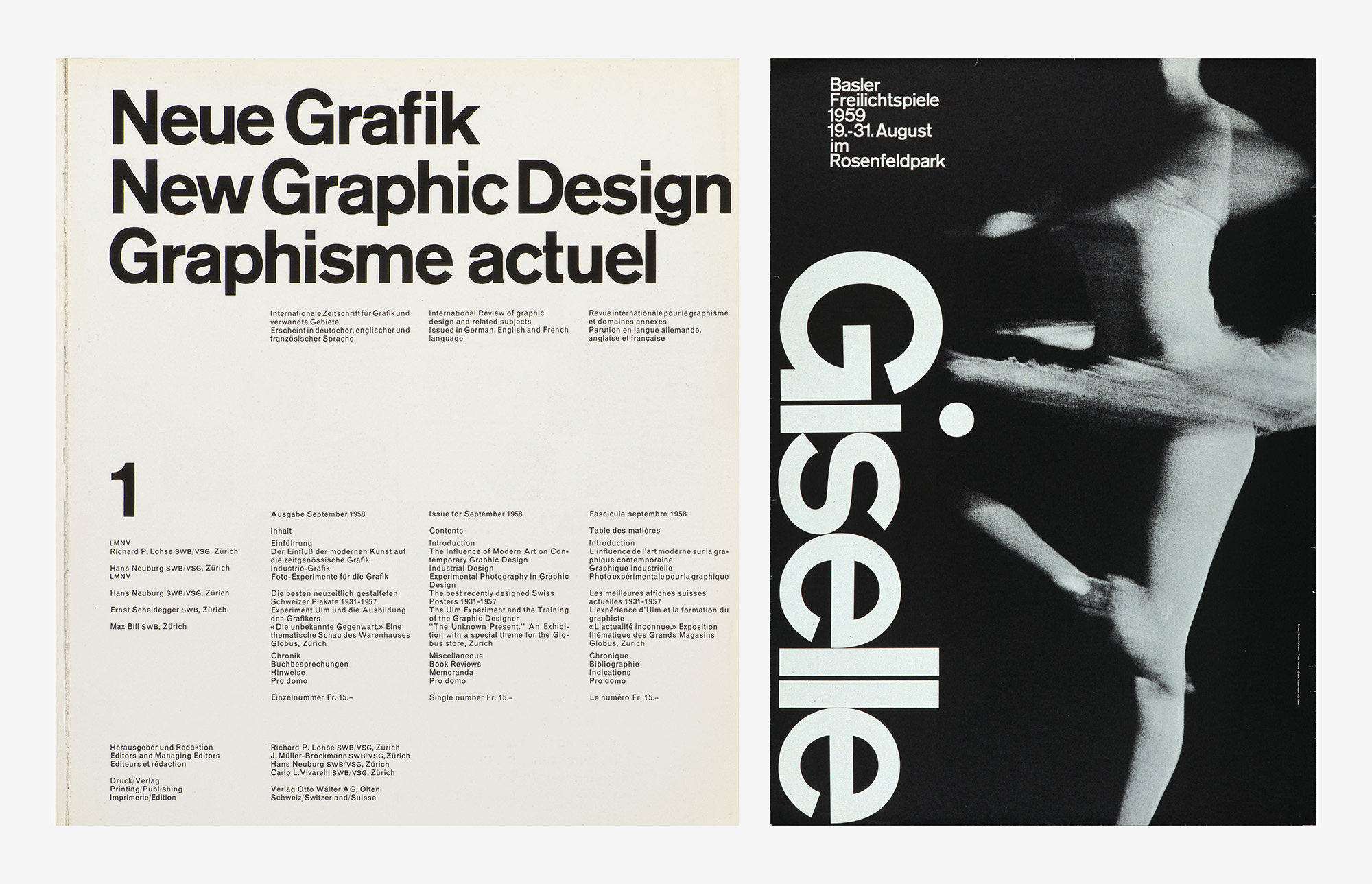 1. Carlo Vivarelli, Neue Grafik / New Graphic Design / Graphisme actuel, Titelblatt und Layout der Zeitschrift, Verlag Otto Walter AG, Olten, 1958, Rotationsdruck, Museum für Gestaltung Zürich, Grafiksammlung, © Franco Mario Fornasier. 2. Armin Hofmann, Giselle – Basler Freilichtspiele, Plakat, 1959, Offset, Fotografie: Paul Merkle, Museum für Gestaltung Zürich, Plakatsammlung, © Matthias Hofmann, Luzern