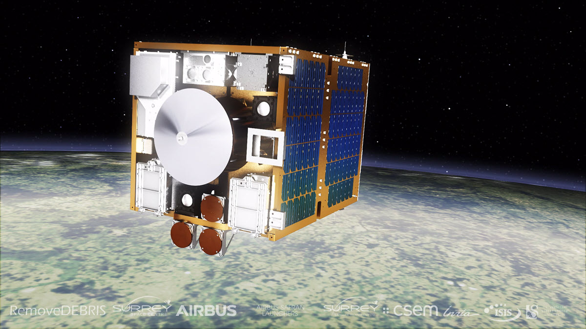 Il satellite RemoveDEBRIS in orbita (illustrazione). © Consorzio del settimo programma quadro europeo