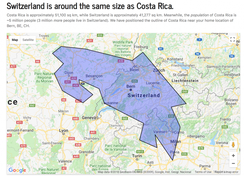 Comparación de Suiza y Costa Rica. © http://www.mylifeelsewhere.com/country-size-comparison/switzerland/costa-rica