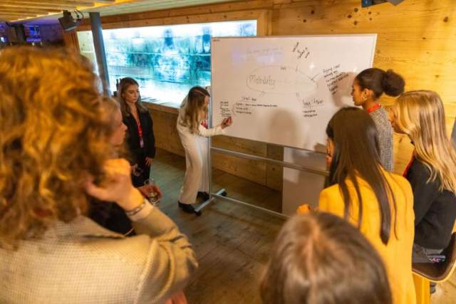 Image of a group of young people writing on a whiteboard at a session at the WEF Davos