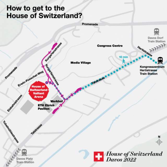 A map showing the walking route to the House of Switzerland in Davos, around 10 minutes from the Congress Centre train station.