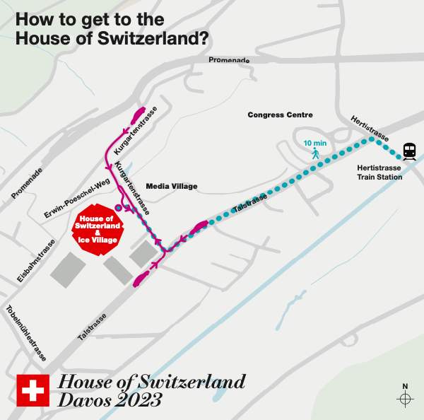 Map showing the walking route from Davos train station to the House of Switzerland, about a 10-minute walk.