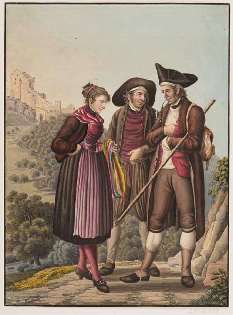 Traditional dress in the canton of Basel, including the tricorne. Model by Joseph Reinhardt, Basel; Birmann & Huber (1812–23) Swiss National Museum, LM-36133_1.png