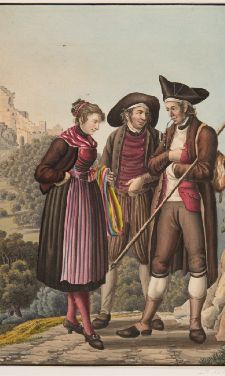 Traditional dress in the canton of Basel, including the tricorne. Model by Joseph Reinhardt, Basel; Birmann & Huber (1812–23) © Swiss National Museum, LM-36133